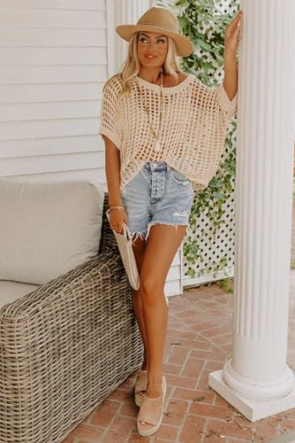 Image of Womens Summer Cover up Beach Sweater Scoop Neck Short Sleeve Crochet Hollow Out Knit Tops Pullover Shirts