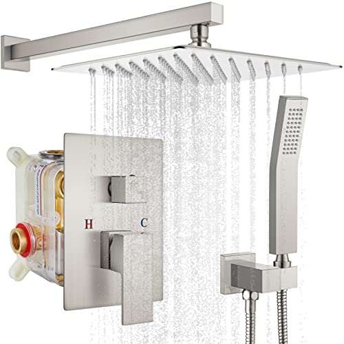 Gotonovo Brushed Nickel Wall Mounted Shower System10 Inches Square High Pressure Rain Shower Head With Pressure Balance Handheld Rough-In Mixer Valve （Female Thread） Bathroom Luxury Shower Faucet Set #TOP7