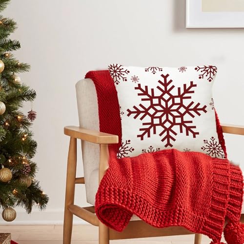 Juego de 4 fundas de cojín de Navidad, diseño de árbol de Navidad, copos de nieve, 45 x 45 cm, fundas de almohada de lino rojo para decoración del hogar, dormitorio, sofá