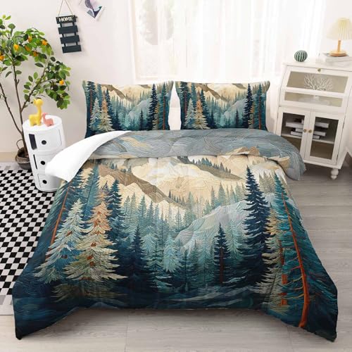 Image of AILONEN Queen Size Comforter Set,Mountains Forest Landscape Art Bedding Set for Room Decor,Lightweight Micorifber Duvet with 2 Pillowcases,3Pcs