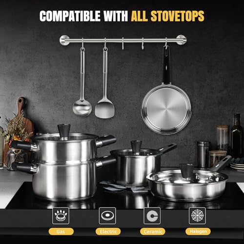 Image of Meythway 14-Piece Stainless Steel Cookware Set for Induction Stovetops - Non-Toxic Pots & Pans with Stay-Cool Handles, Glass Lids, Steamer, Pot Mats & Utensils - Dishwasher Safe Kitchen Cookware