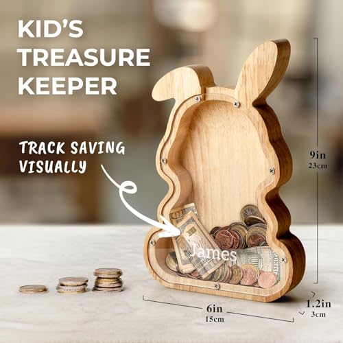 Image of Custom Wooden Bunny Piggy Bank for Kids Name | Personalized Birthday Gifts for Boys Girls, Easter Bunny Decor Encourages Early Saving, Easter Basket Stuffers for Kids