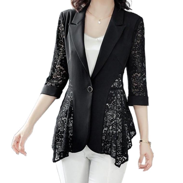 Women's Thin See Through Lace Hollow Stitching One Button Casual Suit Jacket