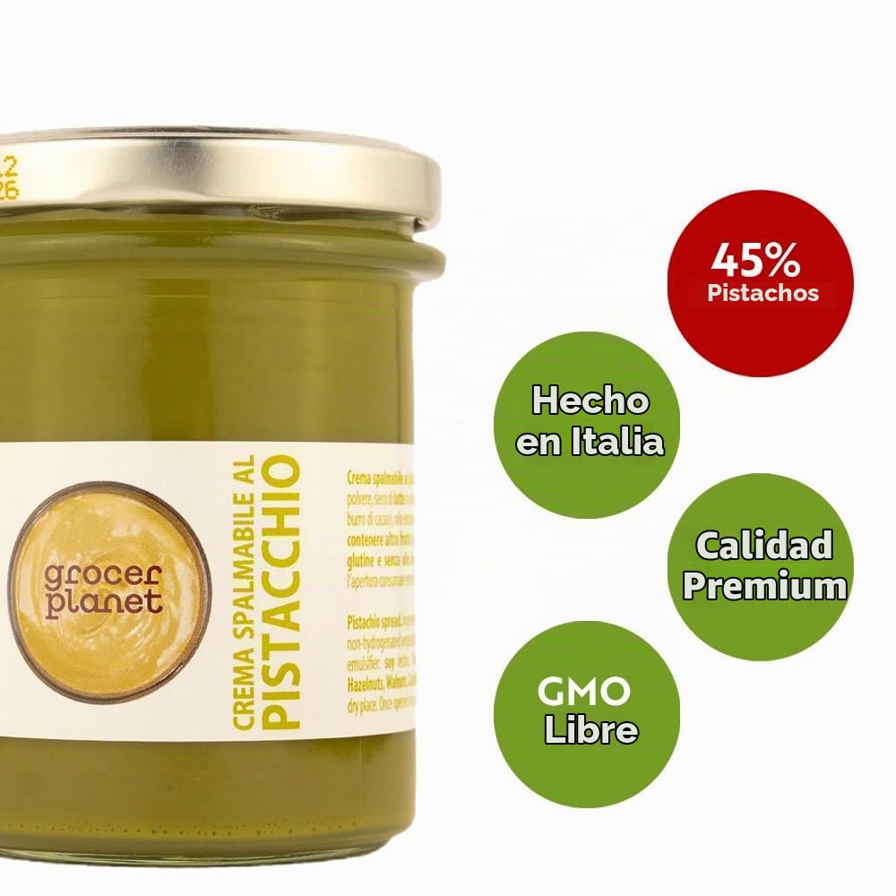 Grocer Planet - Crema de Pistacho (200g) | Con 45% Pistachos Mediterráneos | Sabor Dulce | Comida Italiana Gourmet | Ideal para Desayunos y Postres
