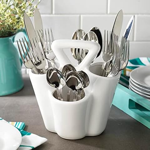 MosJos Ceramic Silverware Caddy - 4-Section Cutlery & Utensil Holder with Handle for Countertop - Farmhouse Spoon Fork Knife Organizer for Kitchen (White) Cover