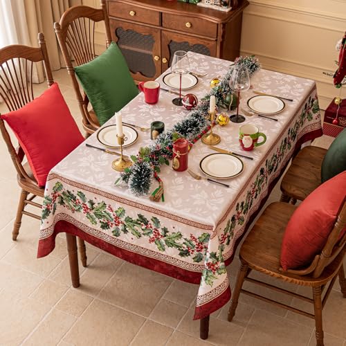 Softalker Christmas Jacquard Rectangle Tablecloth, Winter Vintage Holly Waterproof Table Cloth, Xmas Farmhouse Fabric Table Cover for Holiday, Dining, Party Decor, DHHolly 60 x 84 Inch – Image 3