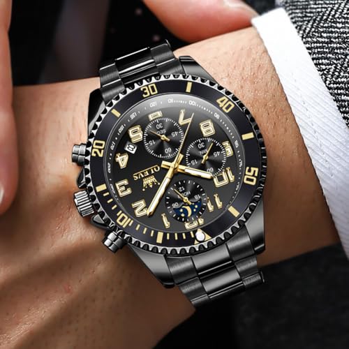 OLEVS Watches for Men Chronograph Luxury Dress Stainless Steel Waterproof Mens Watches Moon Phase Luminous Business Calendar Wrist Watch Blue/Black/Green/Gold/Face - Image 5