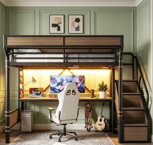 Image of Bellemave Twin XL loft Bed with Storage Stairs, Wardrobe, Shelves, Metal Twin XL Loft Bed Frame for Adults, Kids, Teens, Black+Natural Wood with Black Stairs
