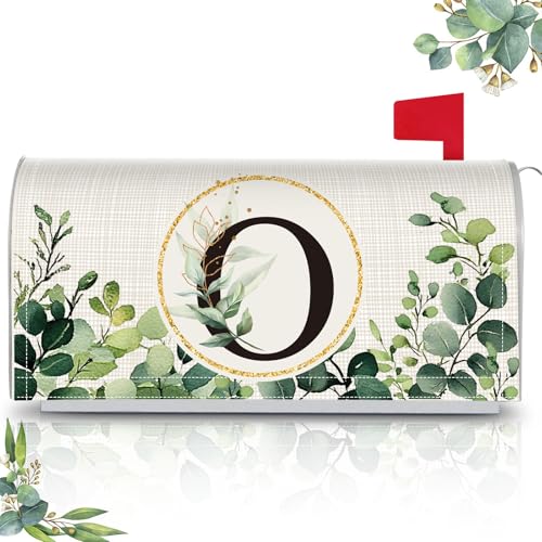 Image of Tiamon Monogrammed O Mailbox Covers Magnetic Eucalyptus Welcome Letter Box Wrap Standard Size 21x18 Inch Spring Summer Leaves Mailbox Decor Eucalyptus Letter Numbers Decoration for Outdoor Garden Yard