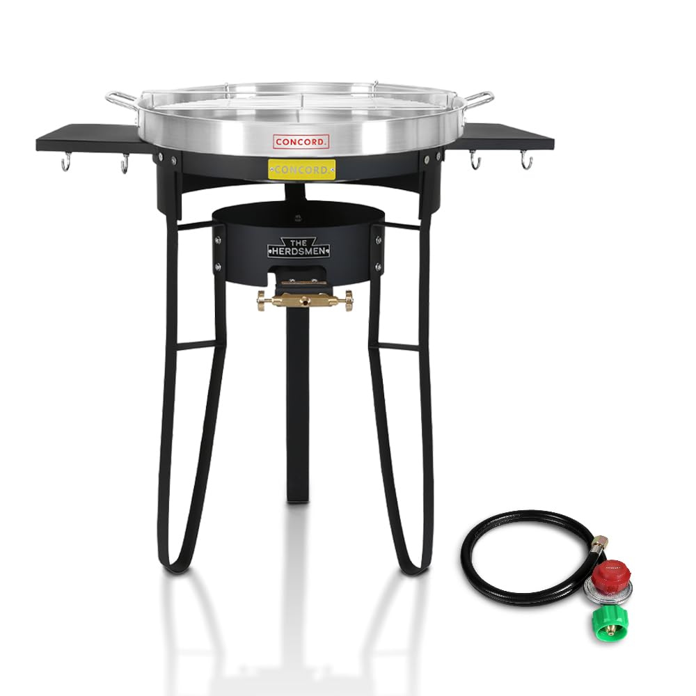 Concord The Herdsmen Stainless Steel Comal with Single Propane Cast Iron Roadster Burner Set. Great Outdoor Stove for Discada, Tacos, Street Vendor,