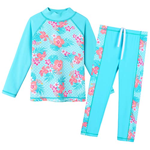 Image of Girls Two Piece Swimsuit Long Sleeve Floral Bathing Suit UPF 50+ Summer Beach Swimwear