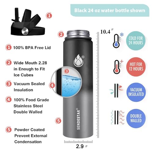 Image of Insulated Water Bottle 24 oz with Straw, Stainless Steel Wide Mouth Water Bottle, Double Wall Vacuum Leak Proof with Straw Lid & Spout Lid for Sports or Office, Keep Cold or Hot Up to 24 Hrs