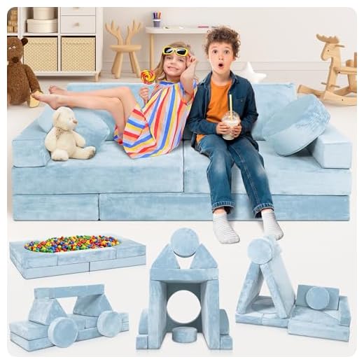 Lunix LX15 14pcs Modular Kids Play Couch, Child Sectional Sofa, Fortplay Bedroom and Playroom Furniture for Toddlers, Convertible Foam and Floor Cushion for Boys and Girls, Blue