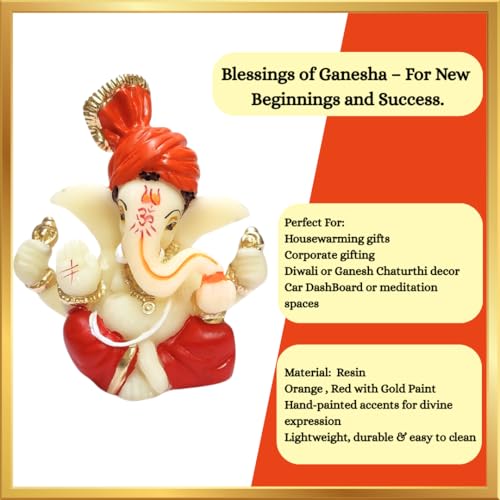 Estatua pequeña de Lord Ganesha en resina roja y naranja miniatura 7