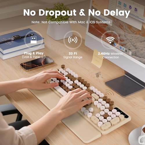 Image of Wireless Keyboard, Round Keycaps, Retro Typewriter Keyboard with Magnetic Wrist Rest, Sleep Mode, Foldable Legs, 2.4GHz Full-Size Cordless Computer Keyboard for Windows PC, Laptop (Beige & Brown)