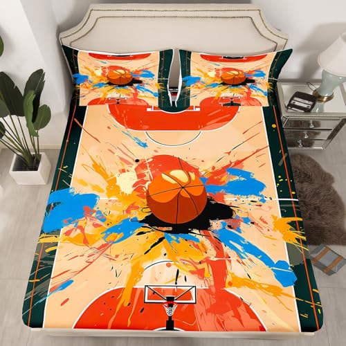 jejeloiu Boys Basketball Bed Sheets Set Twin Size Ball Gaming Tie-Dye Fitted Sheet for Kids Girls Sports Theme Bedding Set Room Decor