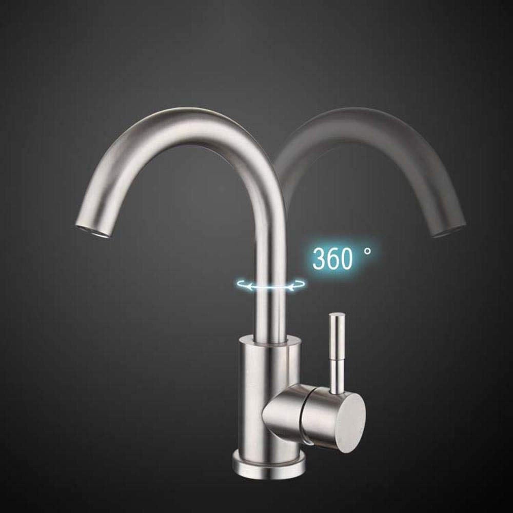 Grifo de cocina de acero inoxidable con caño C de 165 mm, grifo de baja presión, mezclador de agua caliente y fría, monomando para lavabo (cromado)