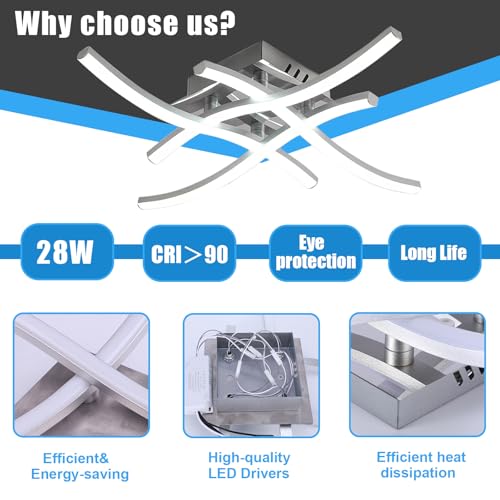 LED Ceiling Light, Elegant Curved Design Ceiling Lights, 28W Cool White Light 6500K 4 Built-in LED Boards,Modern Ceiling Fixture for Living Rooms, Bedroom, Kitchen Hallway and Bedroom,2400 Lumens - Image 4