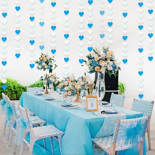 Image of Light-Blue White-Silver Party-Decoration Heart Garland - 39Ft Baby Boy Shower Birthday Streamers Graduation Bachelorette Bridal Christmas Wedding Banner Decor