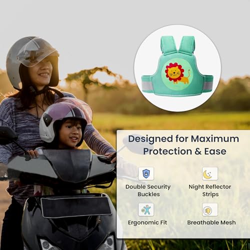 Image of POLKA TOTS Ergonomic Two Wheeler Safety Belt for Kids with 3-Point Safety Buckle, Anti-Fall Motorcycle Safety Harness with Reflectors for Night Riding, Breathable Cotton Material, Extra Cushioning & Adjustable Shoulder & Waist Straps