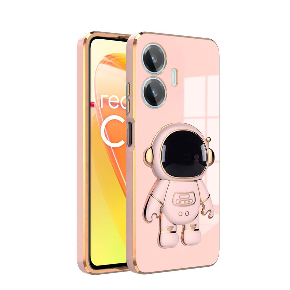 V-TANElectroplated 3D Astronaut Holster Folding Stand Back Case Compatible with Realme C55,Realme Narzo N55 (Pink)