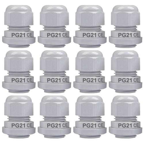 Gebildet 12 Prensaestopas, PG21 Plástico Impermeable Ajustable 13-18mm IP68 Junta de Prensaestopas con Juntas de Goma, Protector de Alambre (Blanco)