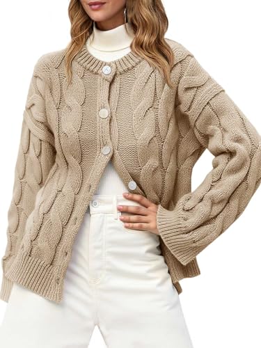 Saodimallsu Womens Cable Knit Cardigan Sweaters Long Sleeve Button Down Crewneck Casual Loose Fall Sweater Coats