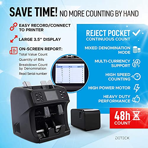 Deteck Dt-Led1 External Led Screen And Dt800 Bank Grade Multi Currency Bill Counter With Reject Pocket, Serial Nb, 2Cis/Uv/Mg Counterfeit Detection, Cash Counter, Sort & Print #TOP2