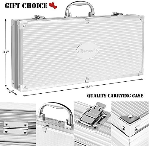 ROMANTICIST 30pcs BBQ Grill Tool Set for Men Dad, Heavy Duty Stainless Steel Grill Utensils Set, Non-Slip Grilling Accessories Kit with Thermometer, Mats in Aluminum Case for Travel, Outdoor Silver