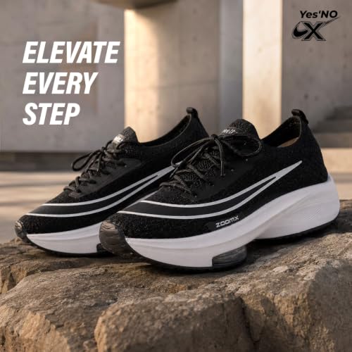 Image of Yes'No Men's Sports Shoes | Lightweight Mesh Running Shoes with Soft Cushioning & Lace-Up Design | Comfortable Slip-On Sneakers for Walking, Jogging, Gym 2 inch Curved Heel, Black