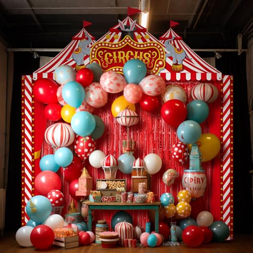 Image of Tingjoo 6 Pcs Carnival Circus Tent Decorations Set Halloween Carnival Decorations Red and White Circus Tent Backdrop Door Cover Banner with Red Tinsel Fringe Curtain Awning Clown Birthday Supplies