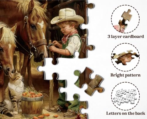Rompecabezas de animales de granja para adultos, 1000 piezas, escena vintage de cowboy pequeño con caballos, gato y cachorro, rompecabezas artístico rústico de granja y granero miniatura 4