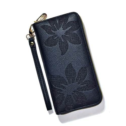 Carteira feminina de grande capacidade com zíper, porta-cartão, carteira de pulso para mulheres, carteira de viagem feminina, Preto