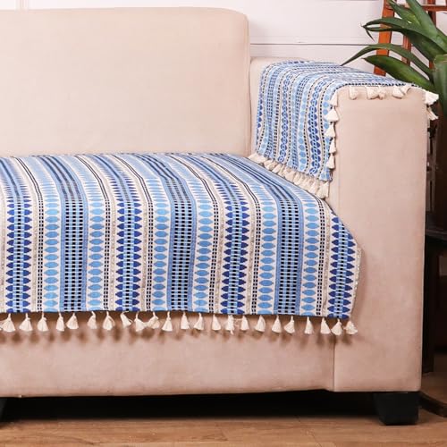 Image of STITCHNEST Woven 3 Seater Sofa Protector with 2 Hand Rest Covers - Blue & White Stripe Design - Washable Fabric with Tassels - Stylish Sofa Cover for Modern Living Room & Furniture Decor