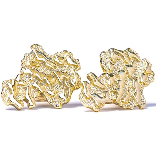 Men's 14k Yellow Gold Plated 925 Sterling Silver Retro 90's Hip Hop Hypoallergenic Ear Ring Textured Solid Gold Nugget Stud Screw Back Earrings For Men