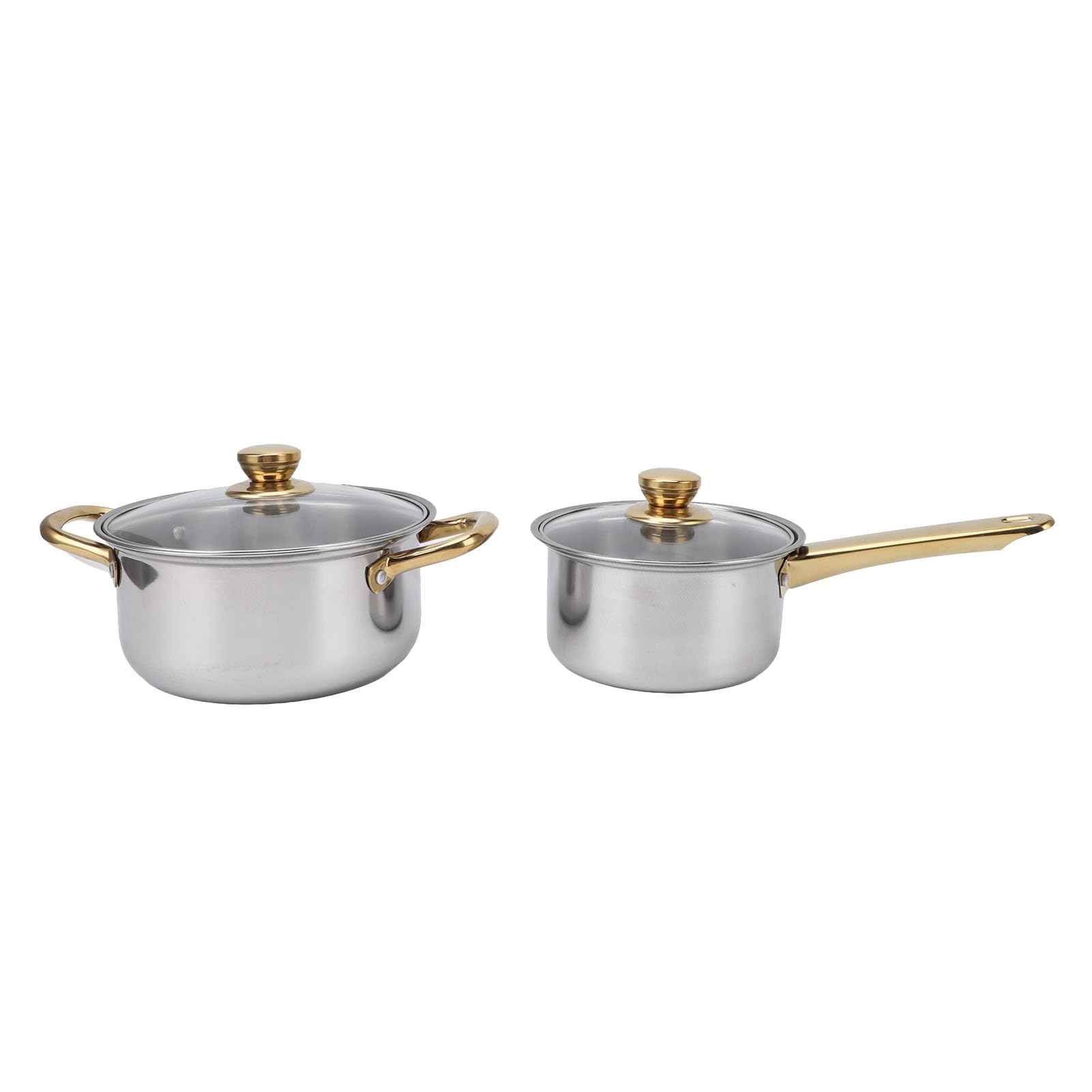 Juego de utensilios de cocina ergonómicos de acero inoxidable con asas doradas, ollas y sartenes multifuncionales con tapas de cristal, ideal para cocina