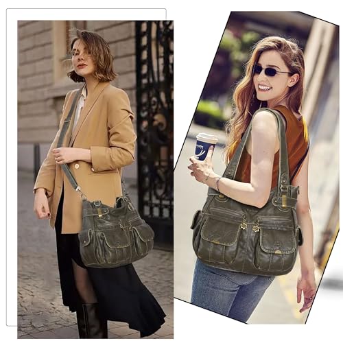 Image of Purses Women Handbags Large Double Zipper Multi Pocket Washed Shoulder Bags Purse with compartments Designer