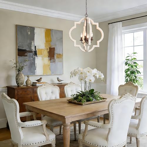 LALUZ Farmhouse White Wood Chandelier, Rustic 4-Light Distressed Pendant Light with Rust Brown Metal Frame, French Country Lighting Fixtures Adjustable Height for Dining Room, Kitchen Island, Foyer by LALUZ - Image 3