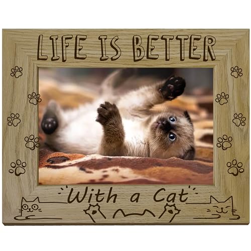 CREATCABIN Cat Picture Frame Pet Paws Wood Photo Frames Engraved Display Wooden Tabletop Gifts for Hanging Wall Gallery Christmas Memorial Home Desk Decor 4x6Inch-Life is Better with a Cat