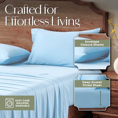 Image of Slumberfy 3-Piece 400 TC Viscose Derived from Bamboo Sheets, Twin Size - 1 Fitted, 1 Flat, 1 Pillow Case - Deep Pocket Cooling Viscose-Bamboo Bed Sheets in Magnetic Closure Gift Box, Light Blue