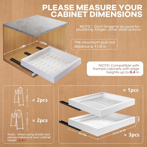 4Pack Expandable Pull Out Cabinet Organizer 21"Deep with Raising Pad for Framed Cabinets,Slide Out Drawers with 4pcs Divider Racks,Roll Out Shelves Adhesive,Adjustable Width 12.05"-20.4"White