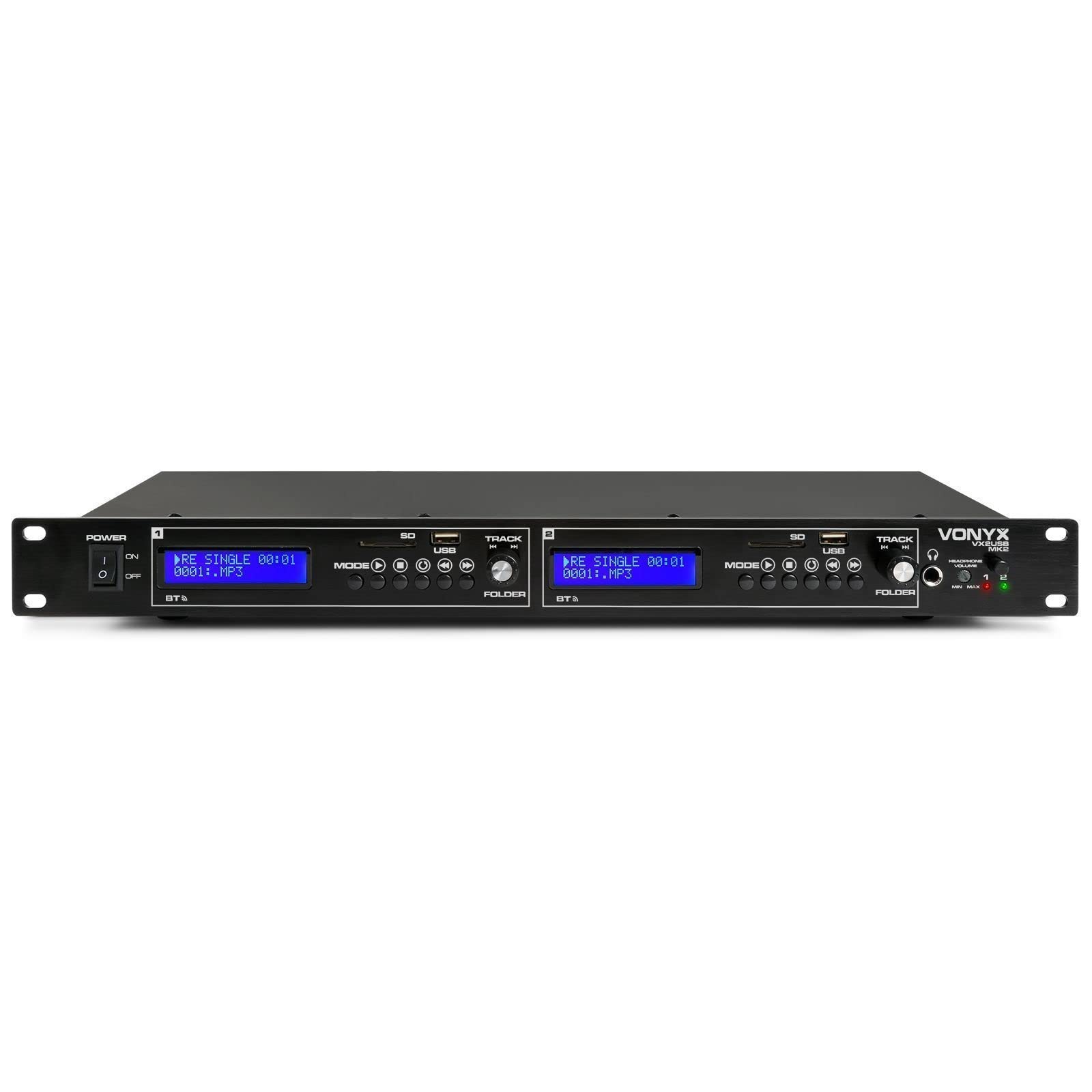 Vonyx VX2USB MK2 Doble Reproductor Multimedia. 2 Canales con Receptor Bluetooth Dual. Reproductor USB MP3, Entrada Tarjeta SD, Salida Mixta, Formato Rack de 19", Salida de Auriculares con Volumen