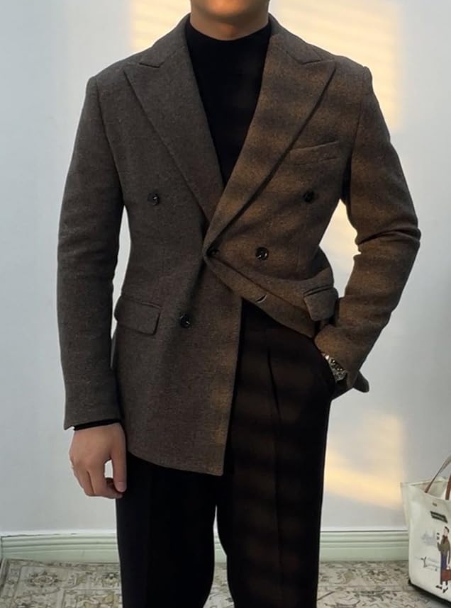 Men's Tweed Blazers Vintage British Tweed Blend Jacket Double Breasted Sport Coat4