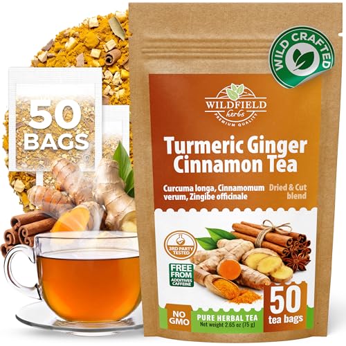 Image of 50 Bags Turmeric Ginger Cinnamon Herbal Tea Blend (Curcuma Longa, Zingiber, Cinnamomum) - 50 Count 2g Bags Spiced Herbal Infusion Te De Curcuma Jengibre