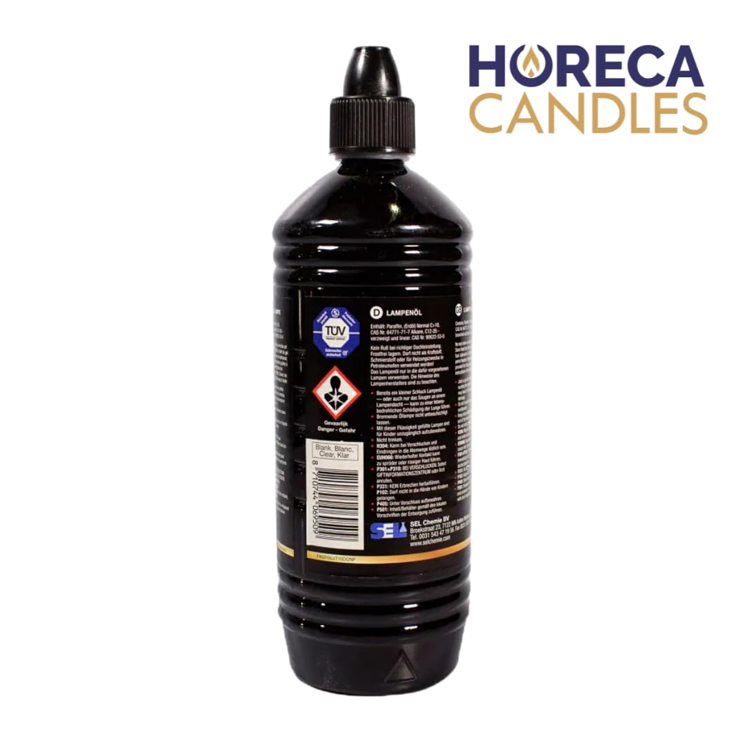 HORECA CANDLES Aceite para Lámparas – 6x1L Cera Líquida para antorchas y quinqués, Sin Humo y Sin Olor, Parafina Pura, Para Uso Religioso, Profesional, Doméstico y Exterior, Velas, Lámparas