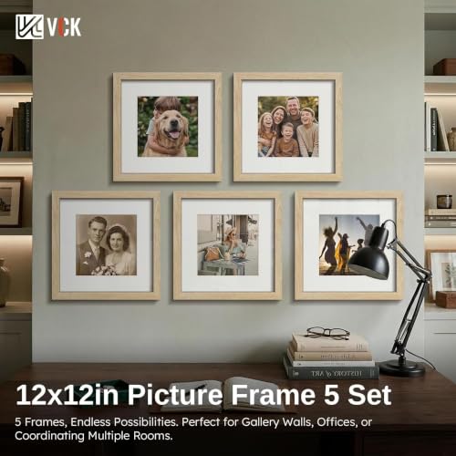 Image of VCK 12x12 Frame 5 Pack, Natural Wood, 8x8 Mat, Glass, for Picture Prints