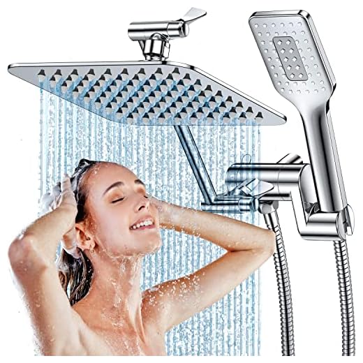 Shower Head with Handheld, Shawilk 8’’ High Pressure Rain shower Head with Adjustable Extension Arm Dual Square Shower Head Combo With 3 Spray Settings, 5ft Shower Hose, Anti-leak & Easy Installation