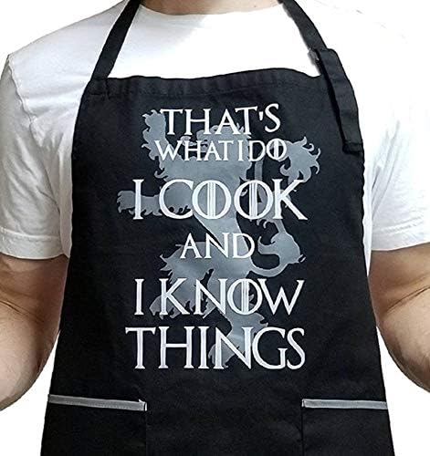 INVEST IN SOLUTIONS That's What I Do I Cook & I Know Things - 100% Cotton Black Apron with 2 Grey Tone Pockets - Adjustable Strap - Unisex Inspired by Game of Thrones - Image 3