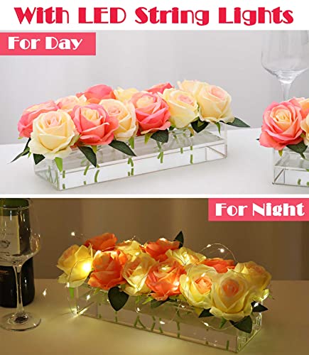 Clear Acrylic Flower Vase Rectangular Floral Centerpiece For Dining Table, 12 Inches Long Acrylic Vases For Centerpieces&Dining Table Centerpiece Décor&Home Decor&Weddings(12 Holes With Led Lights) #TOP5