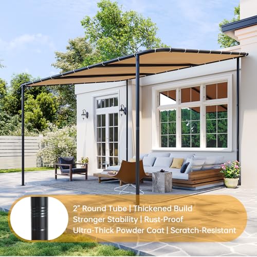 10x12 Lean to Pergola Outdoor Gazebo with Water Resistant & UV-Resistant, Sloped Roof Awning Wall-Mounted Canopy for Patio Backyard, Deck, or Garden Khaki - Image 5